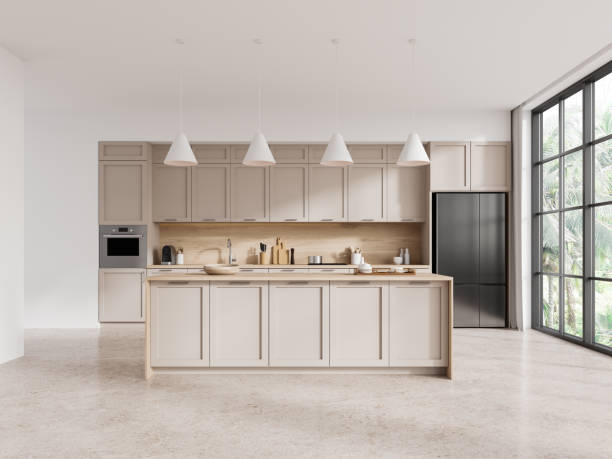 istock Elegant hotel kitchen interior with cooking area, bar counter and window 1736743431