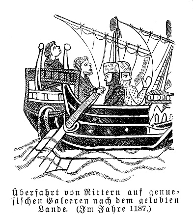 Sea crossing of  medieval knights with a genoese galley to the Holy Land, year 1187