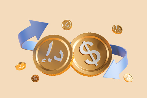 Big dollar and dirham coins over beige background with arrow. Concept of dirham and dollar exchange rate and international market. 3d rendering