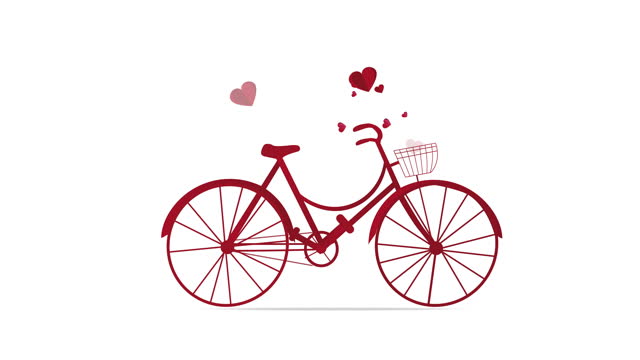 Valentines Day. Bicycle animation. Animated red bicycle and love hearts flying from bicycle basket isolated on white background.