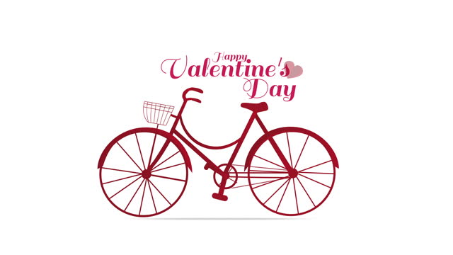 Animated red bicycle and love hearts flying from bicycle basket and handwritten animated text Happy Valentines Day isolated on white background. Animated bicycle entry from right.
