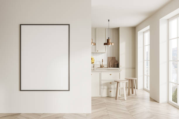 istock Beige home kitchen interior with cooking area and window. Mockup frame 1736746175