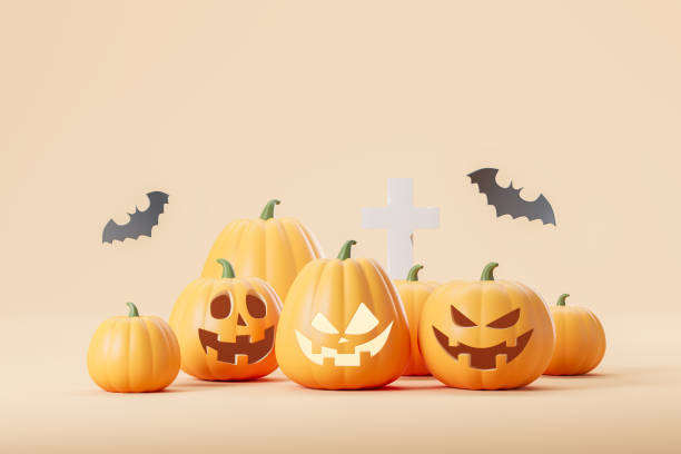 istock Scary pumpkin with bats and grave cross on beige background 1736746701