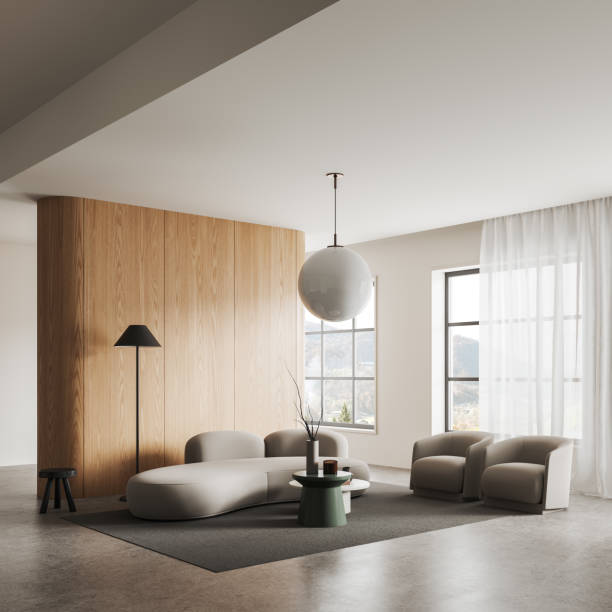 istock Beige living room interior with couch and armchairs with coffee table, window 1736746710