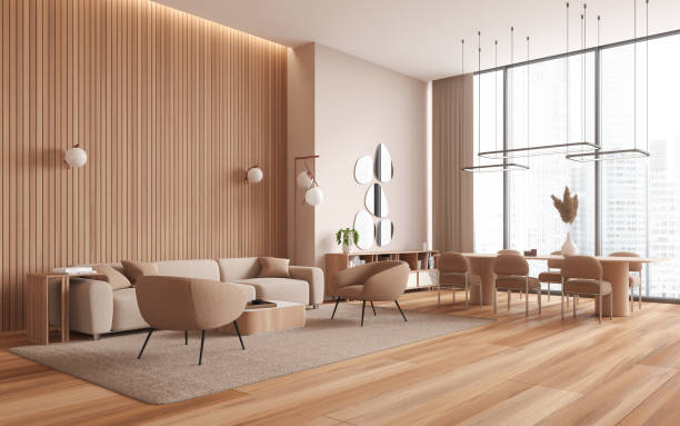 istock Cozy home living room interior with eating table and couch, panoramic window 1736747167