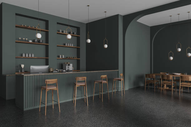 istock Dark cafe interior with chairs and table, cash desk and shelf with dishes 1736747767