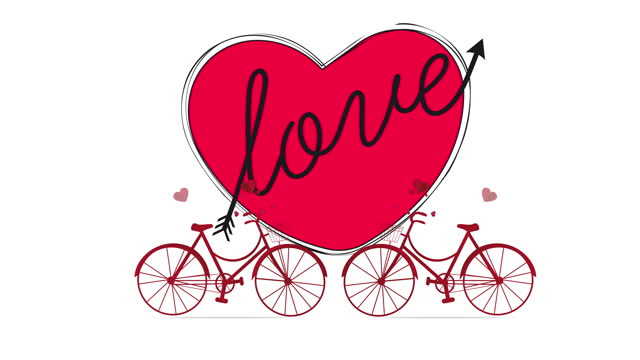 Happy Valentine's Day. Two red bicycles approach from right and left. Love hearts fly from the bicycle basket. Animation of a red heart drawn on a white background. Arrow shaped love letter.