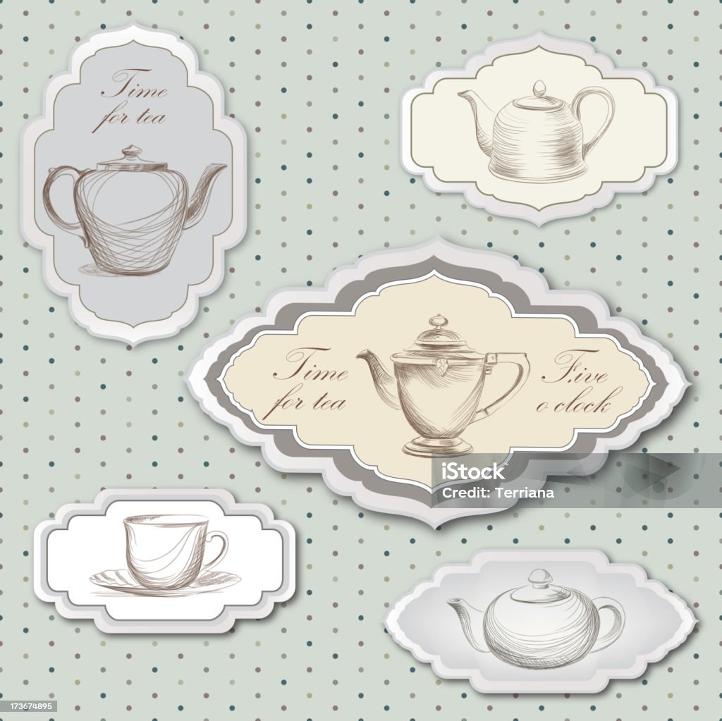 Té tetera taza y etiqueta de estilo vintage vector conjunto. - arte vectorial de Hora del té - Plato de comida libre de derechos