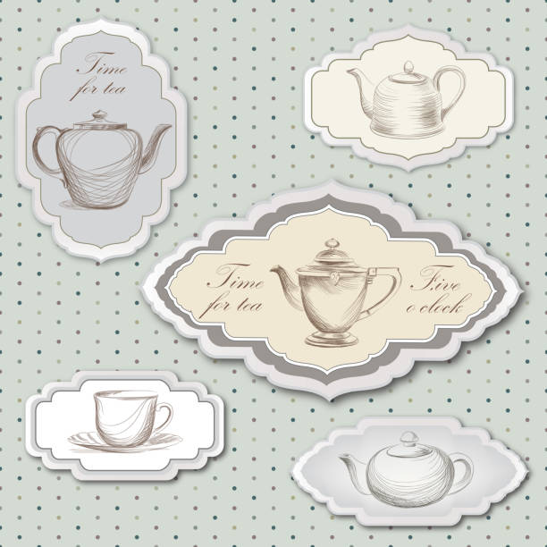чайная чашка и закрытый label векторный набор в винтажном стиле. - afternoon tea china antique cup stock illustrations