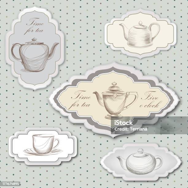 Tea Cup And Pot Label Vector Set In Vintage Style Stock Illustration - Download Image Now - Afternoon Tea, Pattern, Design