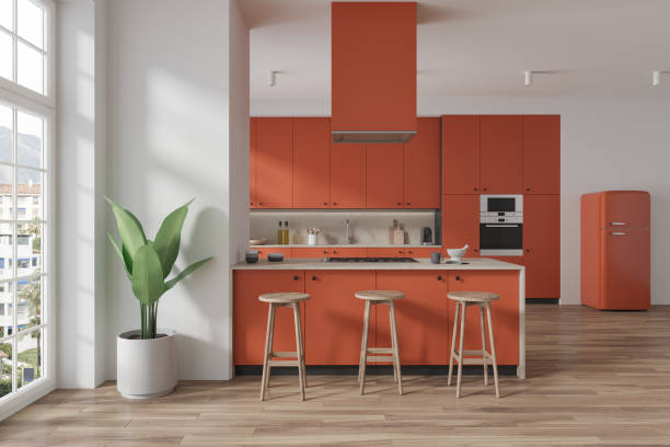 istock Modern hotel kitchen interior with bar island and cooking zone, panoramic window 1736749974