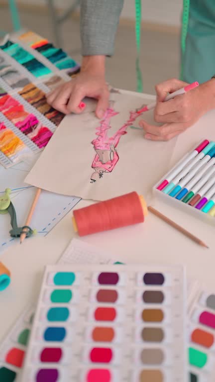 close up on the working desk of  freelance fashion designer