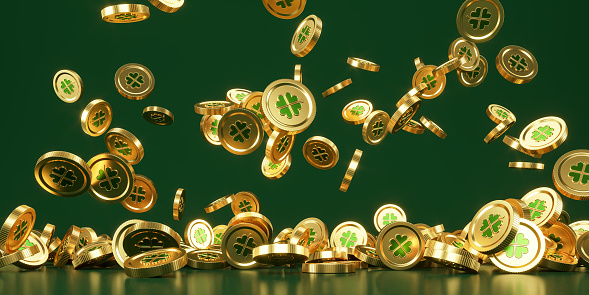 Golden coins with clover leaf falling on green background. St. Patrick's day symbol. Concept of casino, luck, win and lottery. 3D rendering illustration