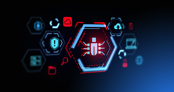 Icon with computer bug and futuristic glowing cyber security interface over dark blue background. Concept of data protection, malware and cyberattacks. 3d rendering