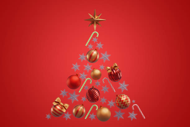 istock Christmas tree shape made from decorations baubles snowflakes candy canes on a red background. 3D rendering 1736760314