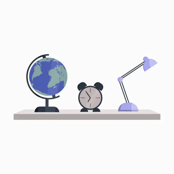 Vector illustration of Globe, alarm clock and table lamp on the wall shelf on a white background