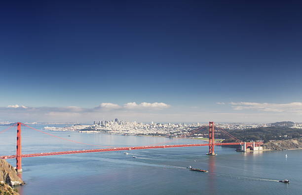 Golden Gate Bridge under blue sky at mouth of San Francisco Bay viewed from Marin Headlands in Golden Gate National Park California.
