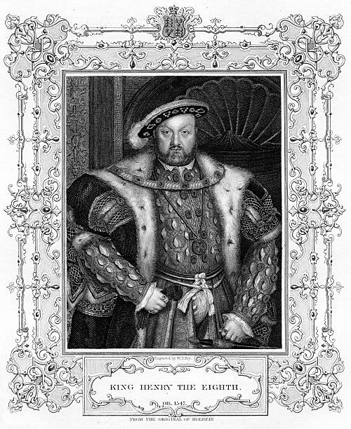 킹사이드 henry viii - tudor style king engraved image portrait stock illustrations