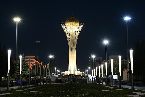 Night landscape with Baiterek Tower in the center of Astana, the capital of Kazakhstan