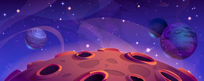 Space galaxy vector planet cartoon background. Fantasy cosmos universe illustration with moon crater and abstract satellite texture. Red asteroid land at night to travel with solar mission concept