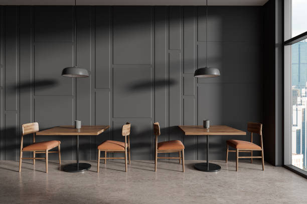 istock Grey cafeteria interior with chairs and table near window, eating space 1736811606