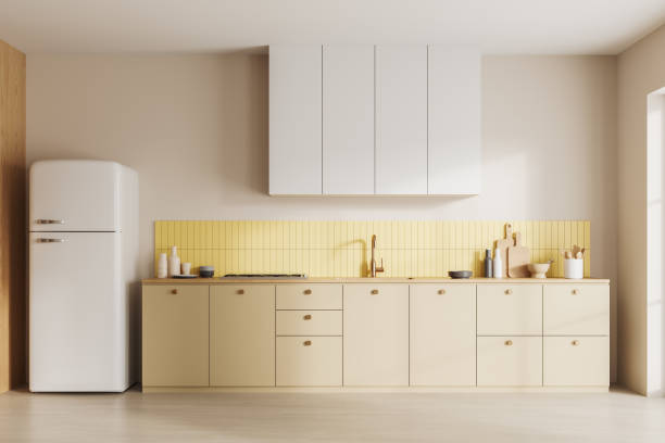 istock Cozy home kitchen interior with cooking area, shelves with refrigerator 1736811696