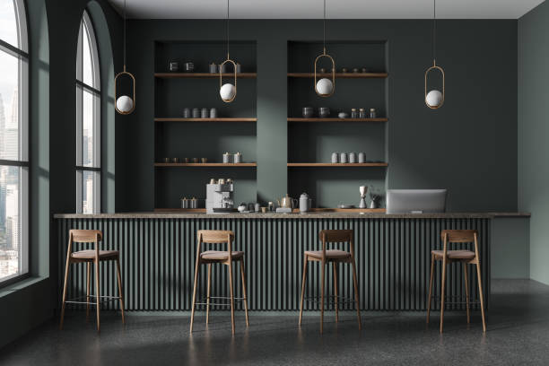 istock Dark modern bar interior with counter and cash desk, stool and window 1736812657