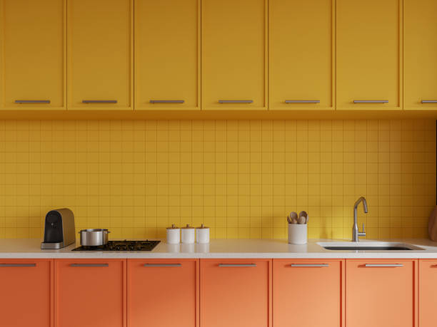 istock Bright home kitchen interior with sink and stove, kitchenware with shelves 1736815376