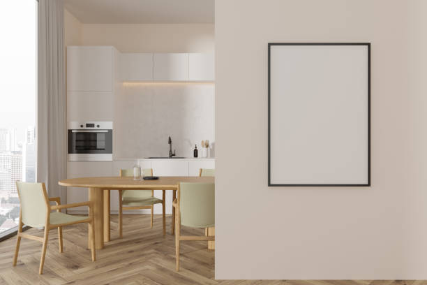 istock Elegant kitchen interior with dining and cooking area, window. Mockup frame 1736818523