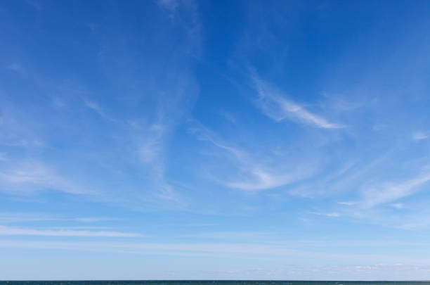 istock Beautiful blue sky over the sea with translucent, white, Cirrus clouds 1736820167