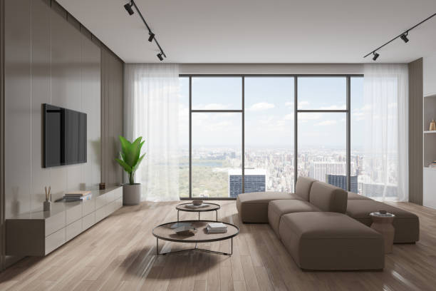 istock Beige living room interior with sofa and TV 1736822507