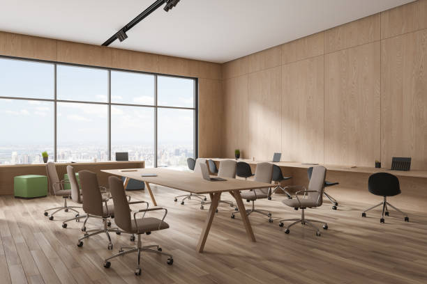 istock Cozy business room interior with meeting table and chairs, panoramic window 1736822861