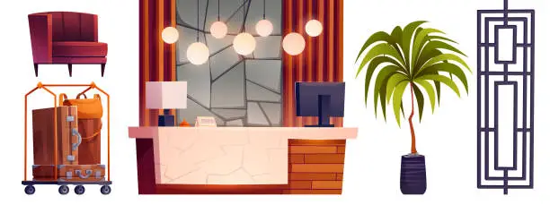 Vector illustration of Hotel reception and lobby interior isolated set