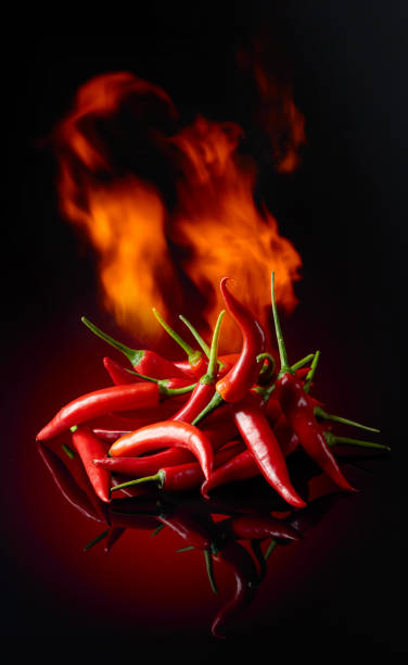 istock Burning red hot chili peppers on a black reflective background. 1736829312