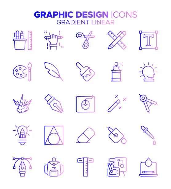 Vector illustration of Graphic Design - Gradient Thin Line Vector Icon Set - Creativity, Art Tools, Typography, Designer, Layout
