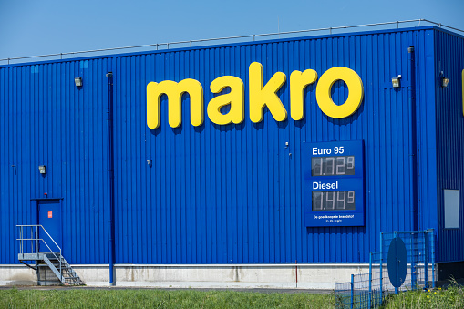 Amsterdam, the Netherlands. 13 May 2023. Makro sign logo. Makro is a Dutch international brand of warehouse clubs, also called cash and carry stores