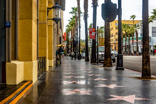 Los Angeles, California, USA; January 15, 2023: The famous Los Angeles Walk of Fame, where on the pavement are the stars of movie stars, is a very touristy and famous place.