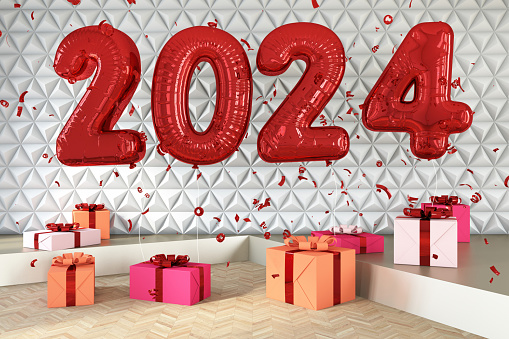 New Year Concept with 2024 Balloons and Gift Boxes. 2024 New Year Concept. 3D Render