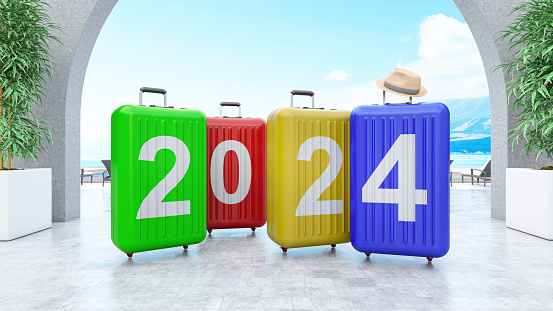 2024 Holiday Concept With Colorful Suitcases. 2024 New Year Concept. 3D Render