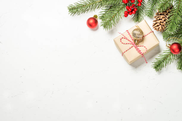 istock Christmas flat lay background with present box and decorations. 1736858619