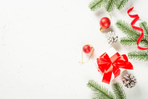 istock Christmas flat lay background with present box and decorations. 1736859146