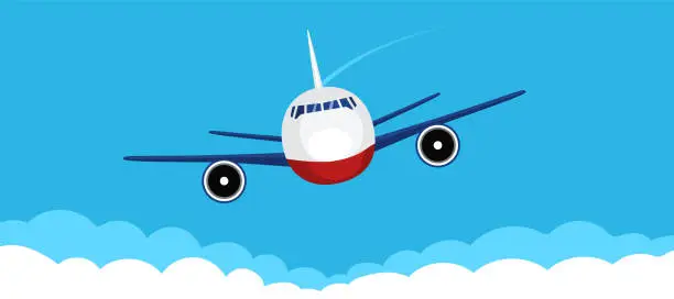 Vector illustration of Cartoon Airplane Front View Illustration On Sky
