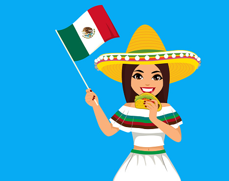 Beautiful Mexican woman eating tacos celebrating hispanic heritage holiday. Girl holding food and waving Mexico flag
