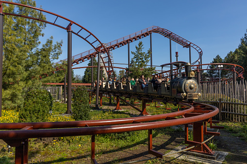 Slagharen, the Netherlands, 27 April 2023. Roller coaster Mine Train in Slagharen attraction park.