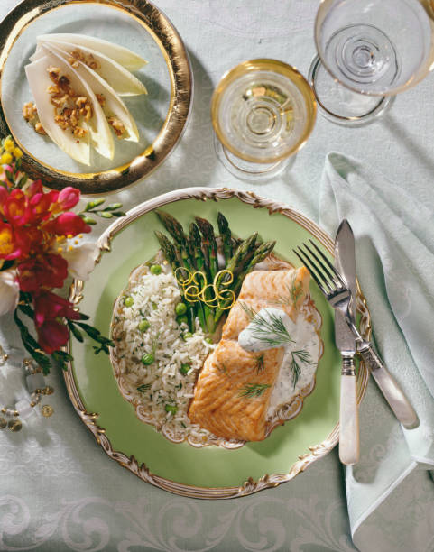 Salmon with rice and asparagus stock photo