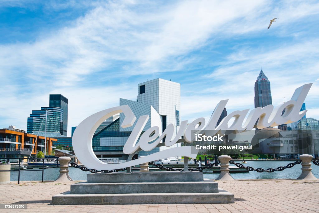 Cleveland Script Sign at marina with downtown in background Cleveland - Ohio Stock Photo