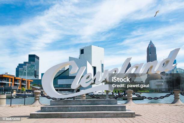 Cleveland Script Sign At Marina With Downtown In Background Stock Photo - Download Image Now