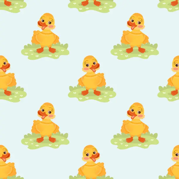 Vector illustration of Seamless pattern, cute cartoon little duckling, goose character in the meadow. Children's print, background, textile.