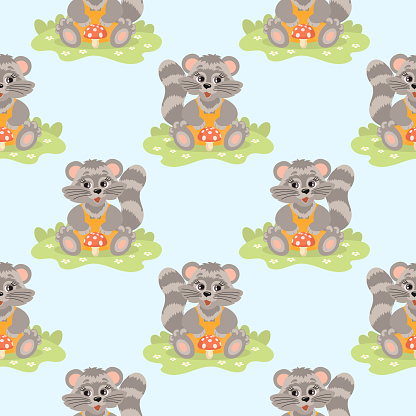 Seamless pattern, cute cartoon raccoon with fly agaric. Children's print, background, textile. Vector
