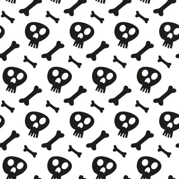 Vector illustration of Vector skull and bones seamless pattern. Halloween scarf isolated on white background. Cartoon illustration for seasonal design, textile, decoration or greeting card. Hand drawn prints and doodle.
